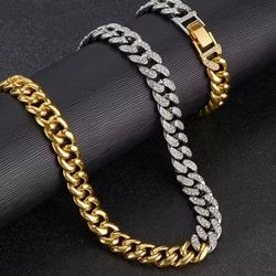 Men's Women's Iced Out 2-Tone 14K Gold Plated Cubic Zirconia Maimi Cuban 18" Necklace & Bracelet Set 