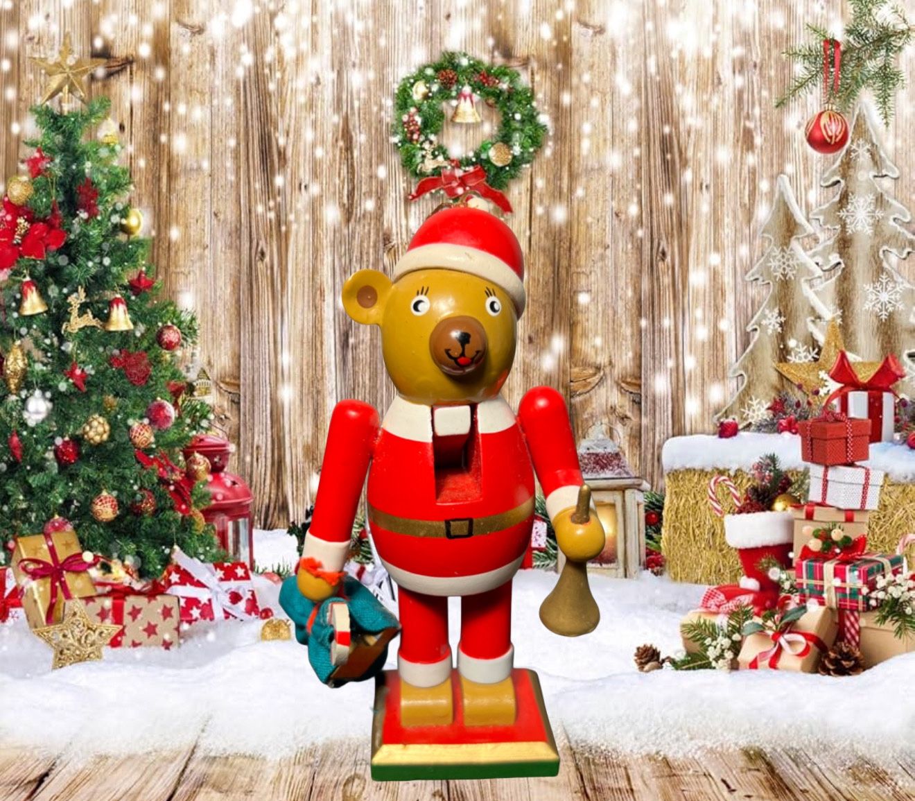 Vintage 1990s Wooden Bear Nutcracker Santa Ornament, 5”