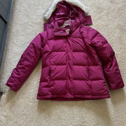 LL Bean Womens Goose Down jacket Full Zip Ski Faux fur Trim Hood Rose Pink M