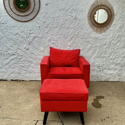 Vibrant Red Vanity Chair W/ Matching Ottoman  Storage Peice