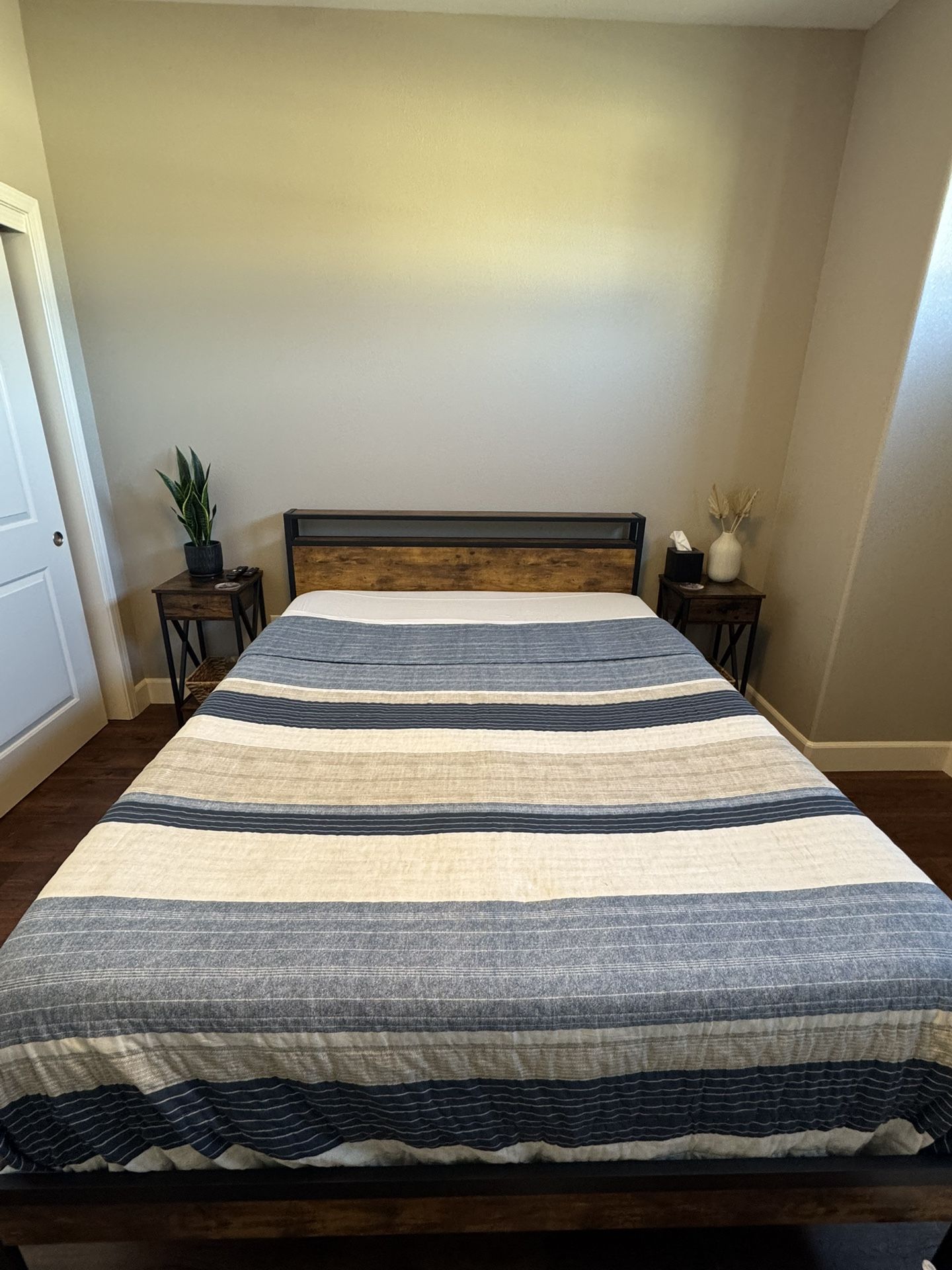 Queen Bed Frame, Box Spring + 2 Side Tables (Mattress Not Included)