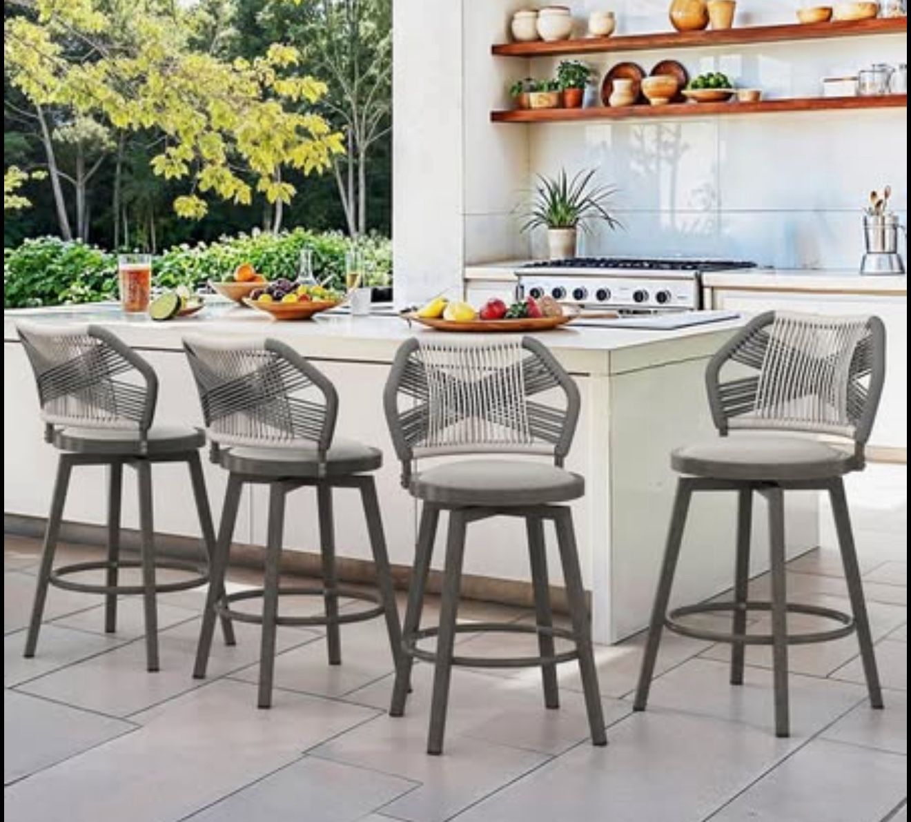 Outdoor Bar Stools Set of 4, 360° Swivel Aluminum Rattan Barstools, Olefin Rope Counter Height Bar S