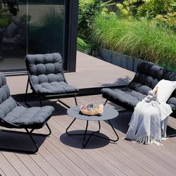 Outdoor & Indoor 4-Piece Conversation Set E-Coated Patio Furniture, Removable Padded Olefin Cushion, Deluxe Enlarged Seat, Coffee Table, Charcoal Grey