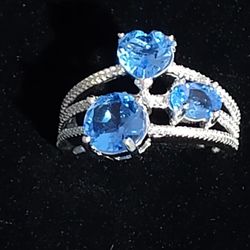 Blue Tanzanite Sterling Silver Size 7 3 Stone Ring