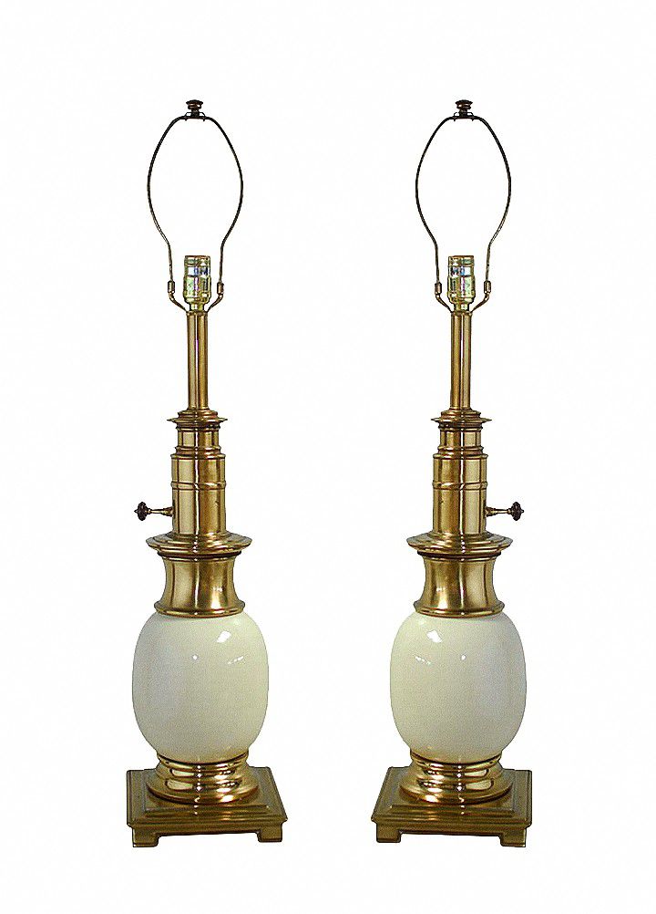Set Of Two Matching Vintage Stiffel Ostrich Egg Porcelain & Brass Table Lamps