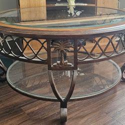 Round 2 Tier Tropical Design Coffee Table Wood, Wrought Iron, and Glass