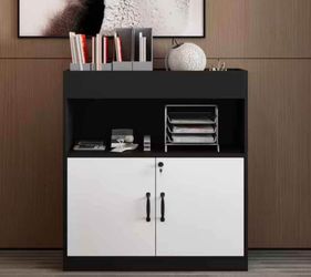 FUFU&GAGA Black & White 35.4 in. H Accent Storage Cabinet, Office Storage Cabinet with 3 Shelves & 1 Top Compartment