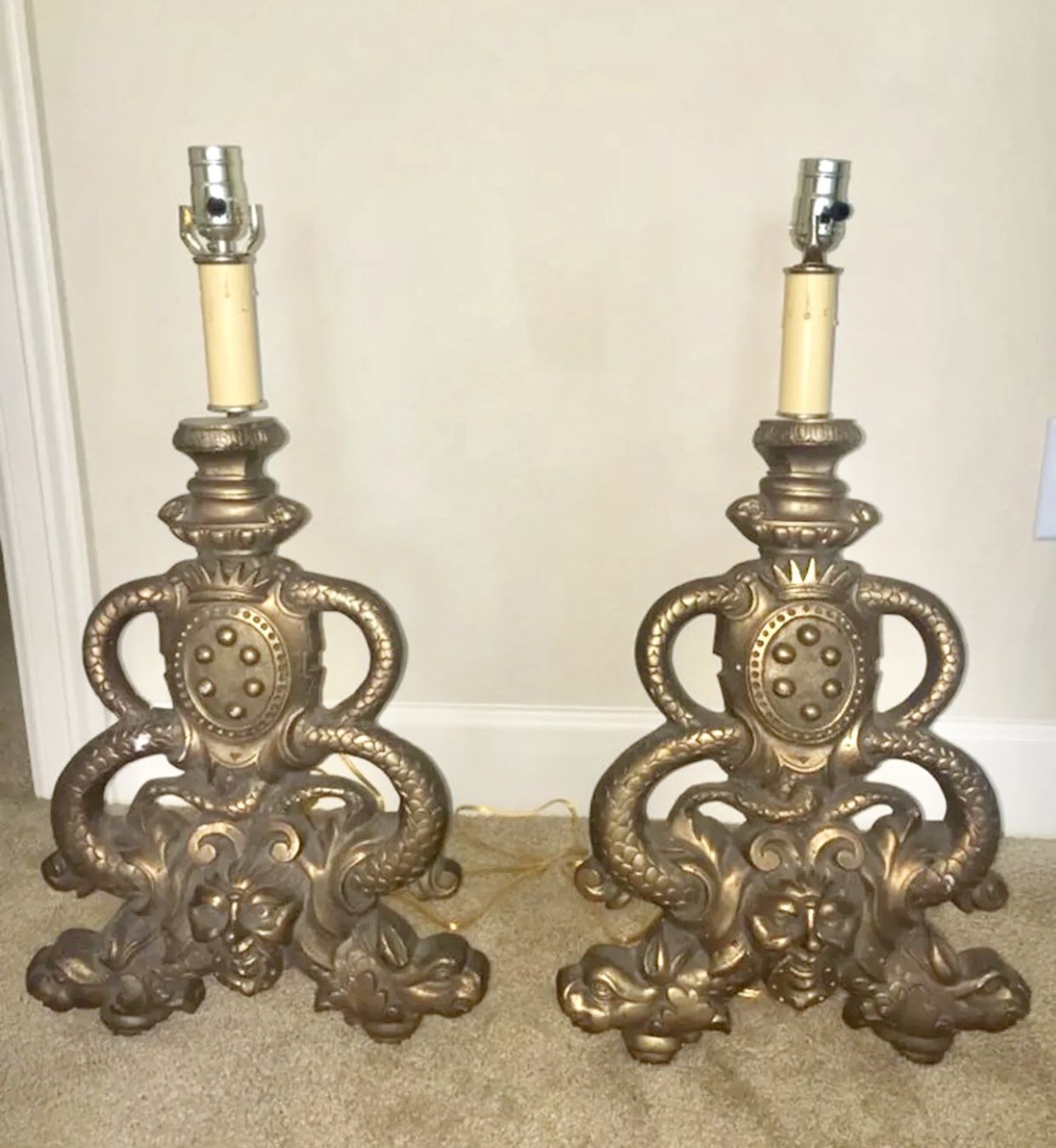 Two converted andirons to lamps solid bronze antiques
