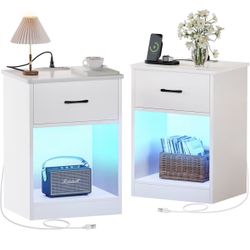 Set of 2 White Nightstands with Charging Station & LED Lights 