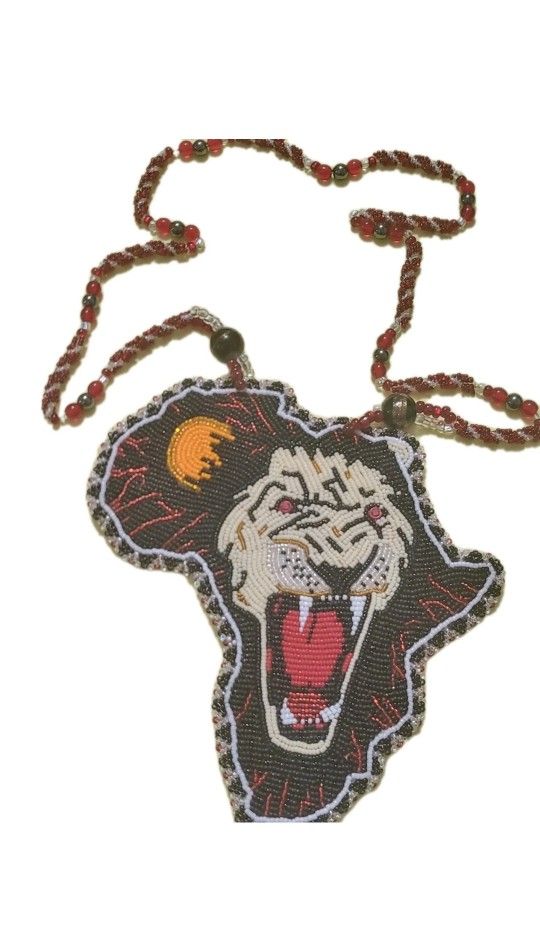 Hand-Beaded Lion of Africa Necklace – Native American Style Art, Kenya-Inspired Statement Pendant (Make An Offer Or Ask For Price)