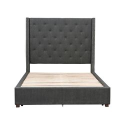 Brand new gray or tan tufted linen queen bedframe (67.5 x 89.25 x 67H)