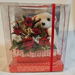 Fiber Optic Teddy Bear Musical Valentine's Day Gift Box White plush bear surrounded by roses Walmart 1990's Excellent Vintage Condition The product is