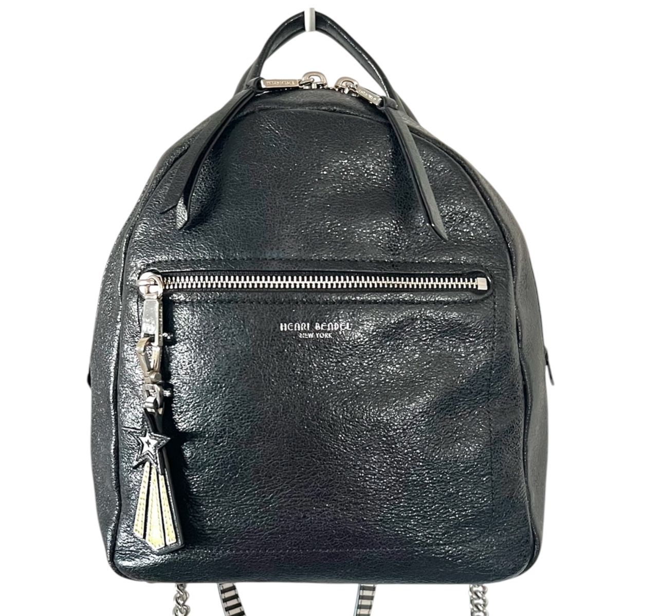 HENRI BENDEL ABOUT TOWN BLACK SHINE BACKPACK WITH LEATHER & CHAIN STRAPS WITH DUST BAG!!