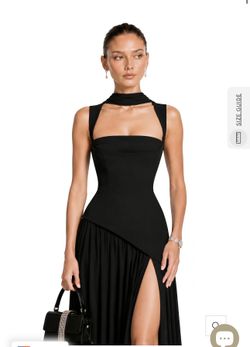 Miss Rosier Sidonie Black Asymmetrical Maxi Gown Lace-Up Back High-Slit Size Large