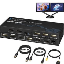 KVM Switch 2 Monitors 2 Computers, 4K@60Hz Dual Monitor HDMI KVM Switch 2 Port for Extended Display and USB Hub, with 4×HDMI Cable