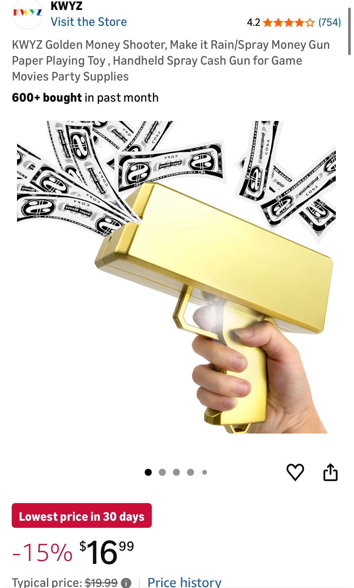 Golden Money Shooter, Make it Rain/Spray Money Gun Paper Playing Toy , Handheld Spray Cash Gun for Game Movies Party Supplies