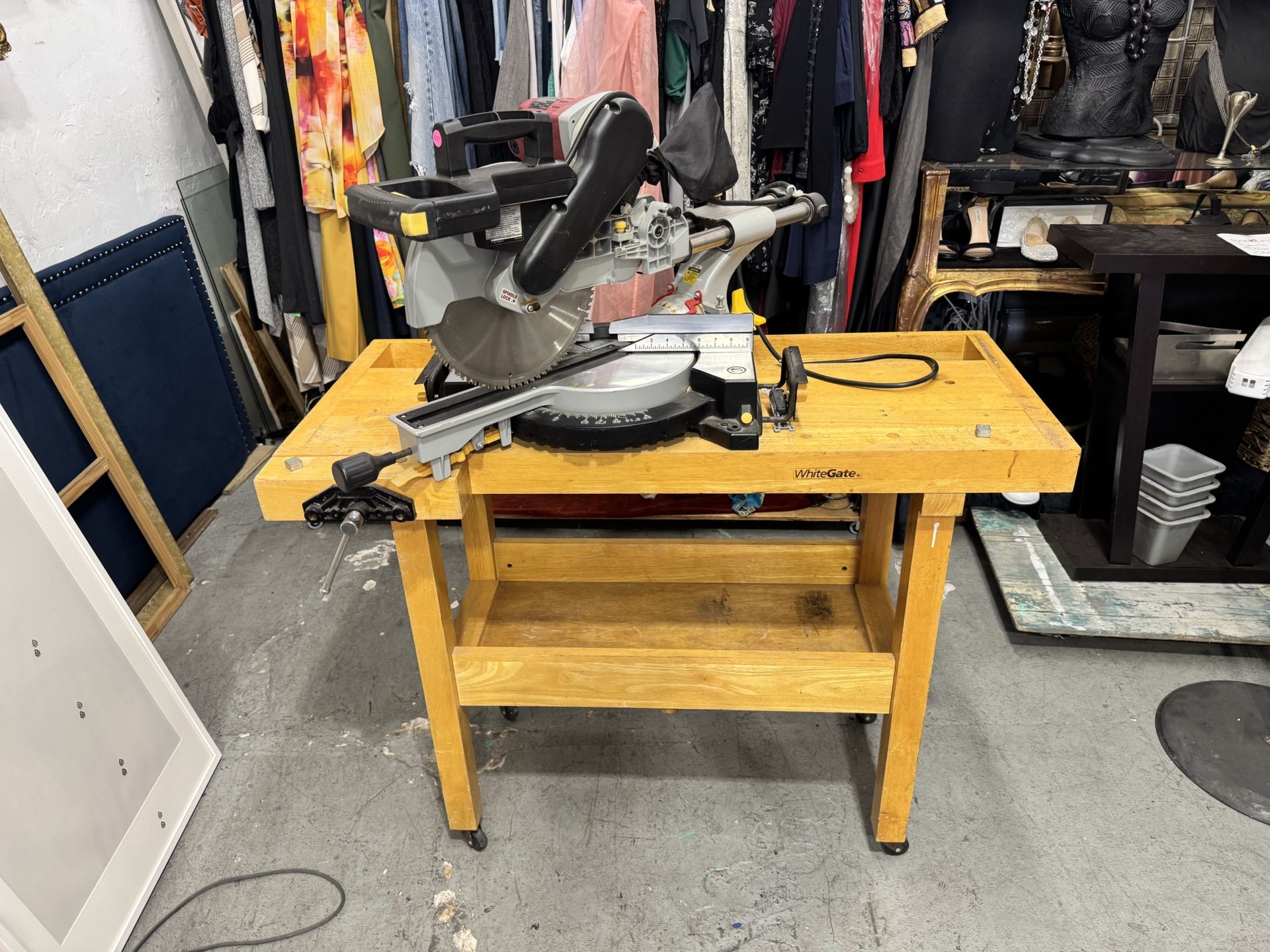12” Chicago Electric Miter Saw on Solid Wood Workbench - Laser Guide, DeWalt Blade