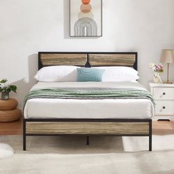 New -Queen Size Metal Bed Frame with Wooden Headboard and Footboard, Heavy Duty Platform Metal Bed Frame, No Box Spring Needed, Slate