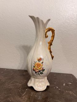 Vintage 1975 Iridescent Porcelain Vase / Pitcher – Floral Rose Design, Gold Handle
