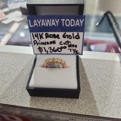 14k Rose Gold Princess Cut Diamomd Ring 7 1/2 