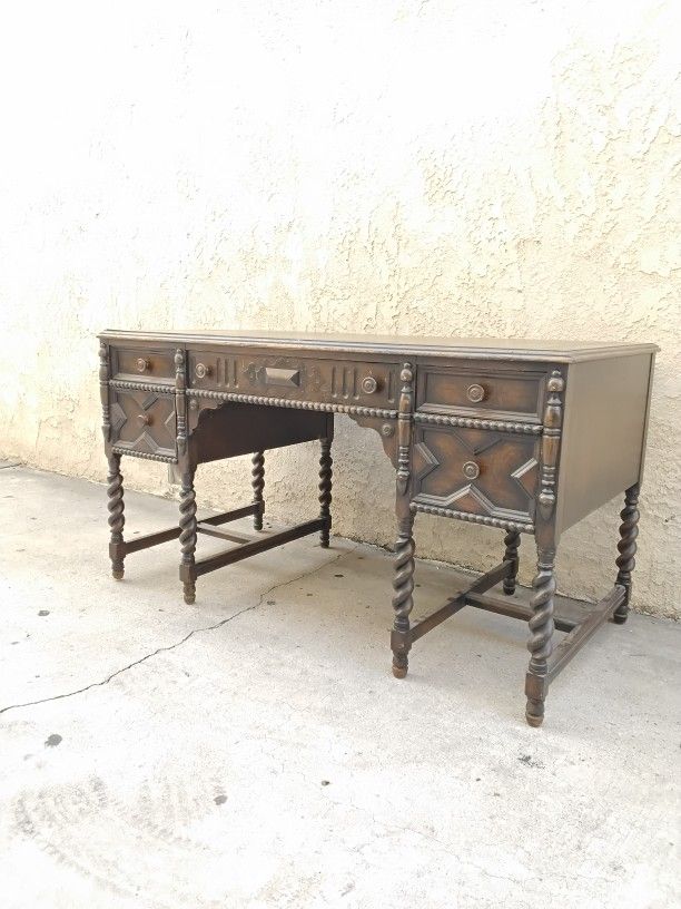 Antique Jacobean Style Barley Twist Turned Wood Desk By JOHNSON-HANDLEY 