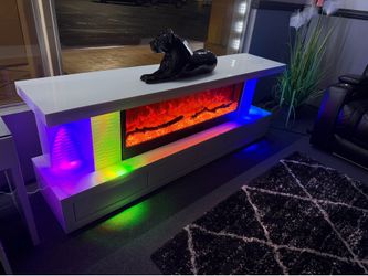 White TV Stand w/ Fireplace & Bluetooth Speakers