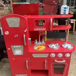 Kids Wooden Play Kitchen Set – Red | Stove, Sink, Microwave & Fridge | Great Condition