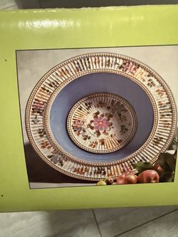 Vintage Villa Flora 19 In. Ceramic Bowl Hand Painted, New In Box