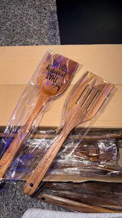 Set of 10 Wooden Teak Spoons / Spatulas (UNOPENED)