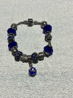 Blue Swaroski Style Glass Beaded Charm Bracelet  Silver Tone