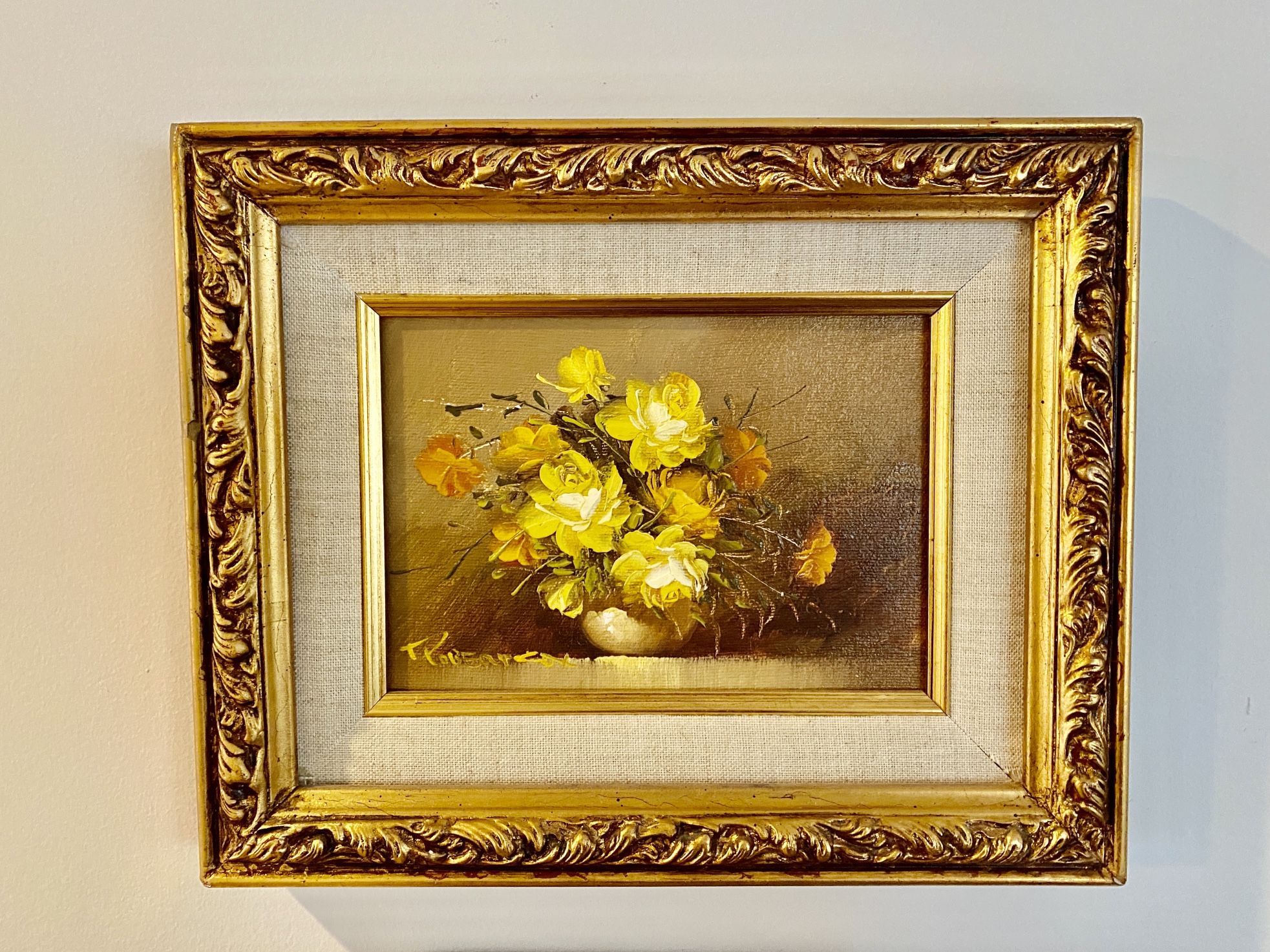 Bouquet of Yellow & Orange flowers in Vase Oil Painting 11x9” by American Artist Robert Cox