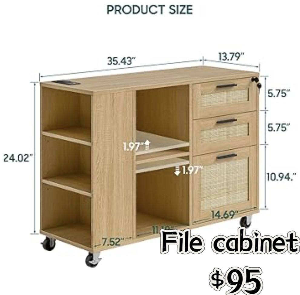 😀 File Cabinet with Charging Station, 3 Drawer Lateral Mobile Rattan Filing Cabinet with Lock Wood Storage Organizer with Wheels Printer Stand