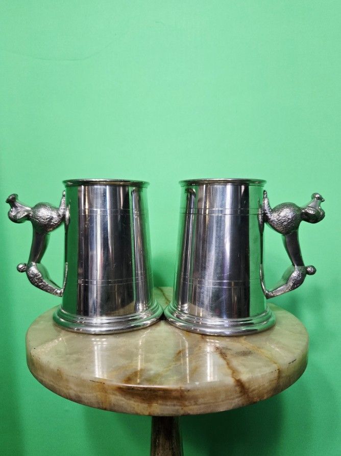 2 Vintage Sheffield Pewter Beer Tankard Novelty Puddle Handle