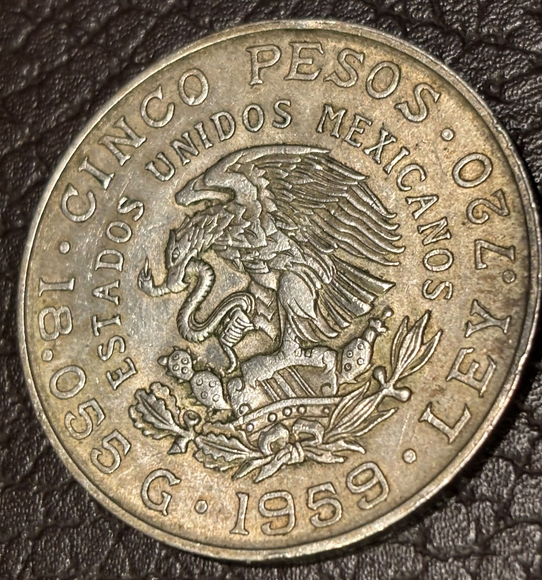Cinco Pesos 1959. Vintage Coin Of Mexico 