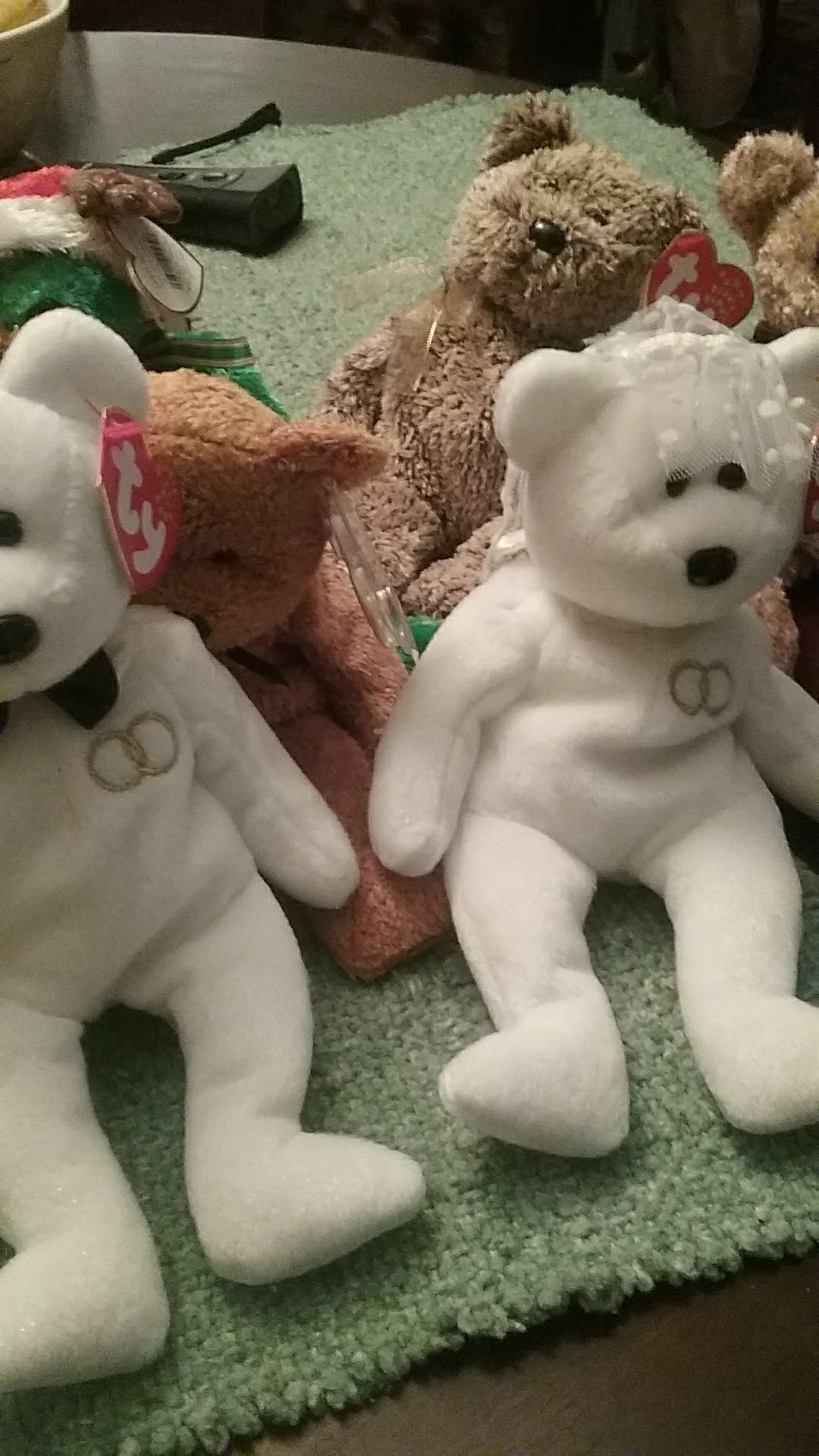 Beanie babies ,Santa, bride and groom ,happy holidays usa2002 fifa,pops,Harry, 2001holiday teddy,2002 signature bear.