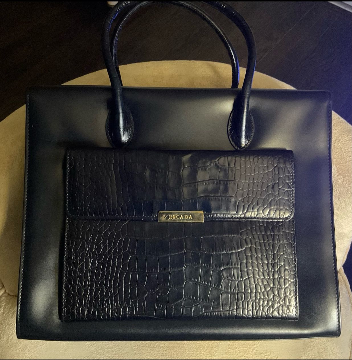 Escada Midnight Blue Leather and Croc Embossed Leather Front Pocket Tote