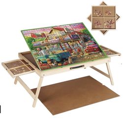 1500PCS Portable Puzzle Table with Legs Puzzle Board with Foldable Legs 3-Tilting-Angle Portable Jigsaw Puzzle Board and Drawers Portable Puzzle Table