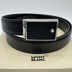 MONTBLANC BLACK SAFFIANO LEATHER RECTANGLE SS BUCKLE BELT NEW 100% GENUINE ~$400