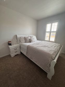 White Queen size bed frame, Bed & nightstand