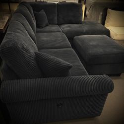 Black Sectional with USB and Storage Ottoman