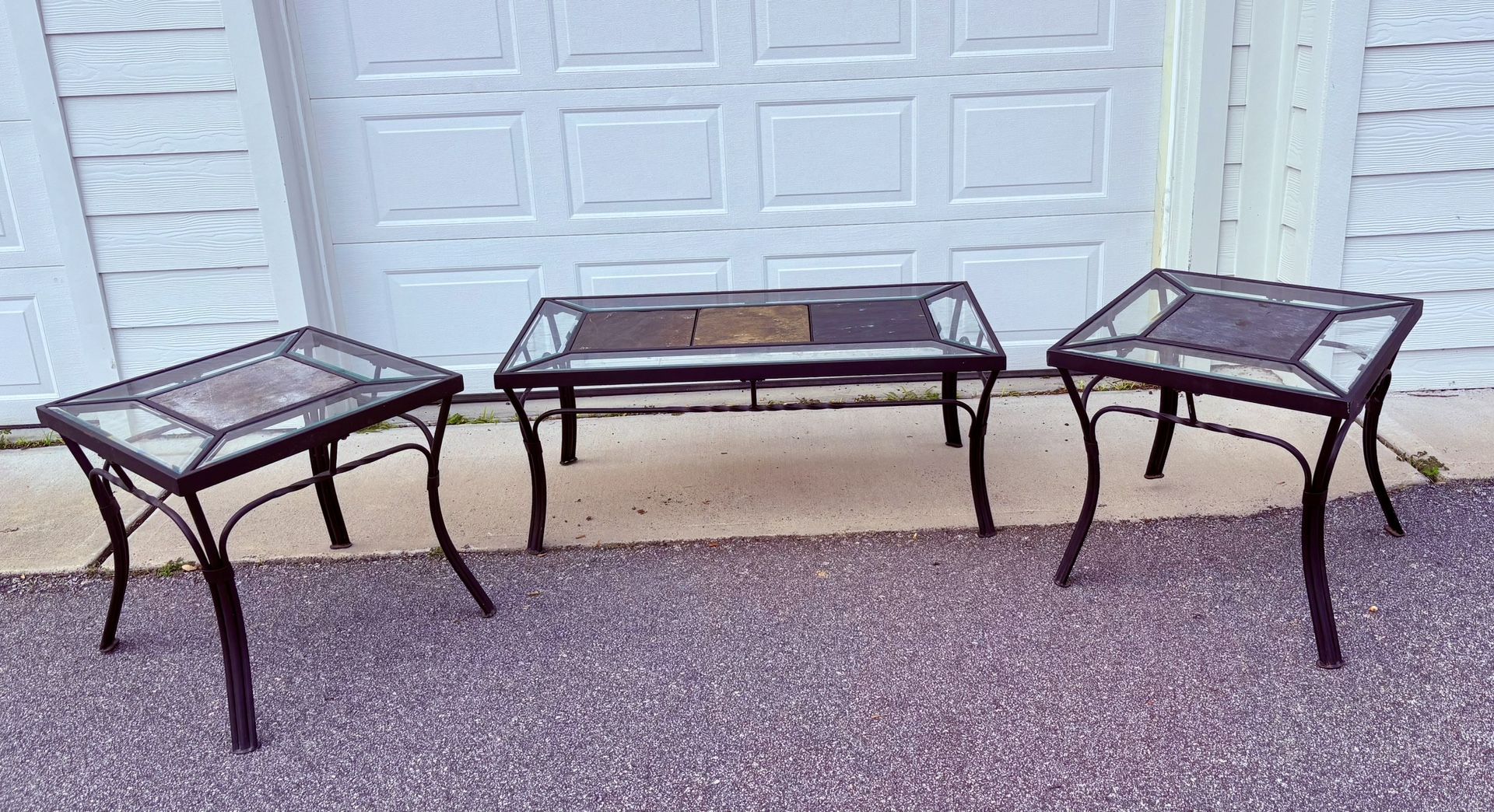 Brown Jordan 3-Piece Patio Table Set - Metal, Glass & Riverstone Inlay