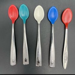Vintage 80s The First Years Evenflo Baby Spoons Lot 5 Rubber Vinyl Tip Stainless