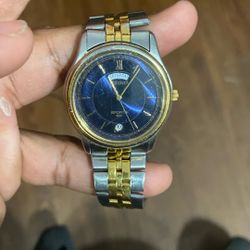 Seiko Watch Men Silver Gold Tone Blue Dial Day Date