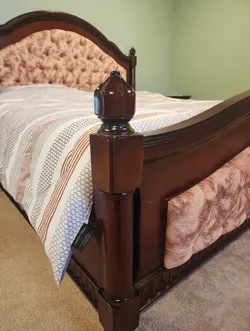 King Cherry Wood Sleigh Bed Frame — Tufted Headboard & Footboard, Poster Posts