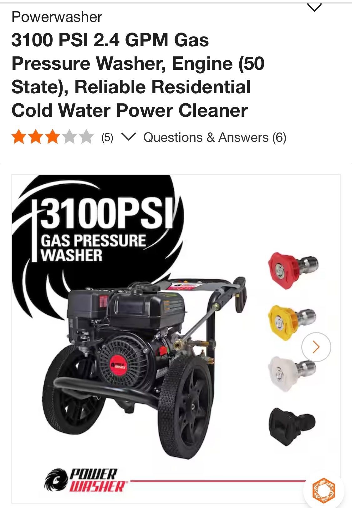 3100 PSI 2.4 GPM Gas Pressure Washer,