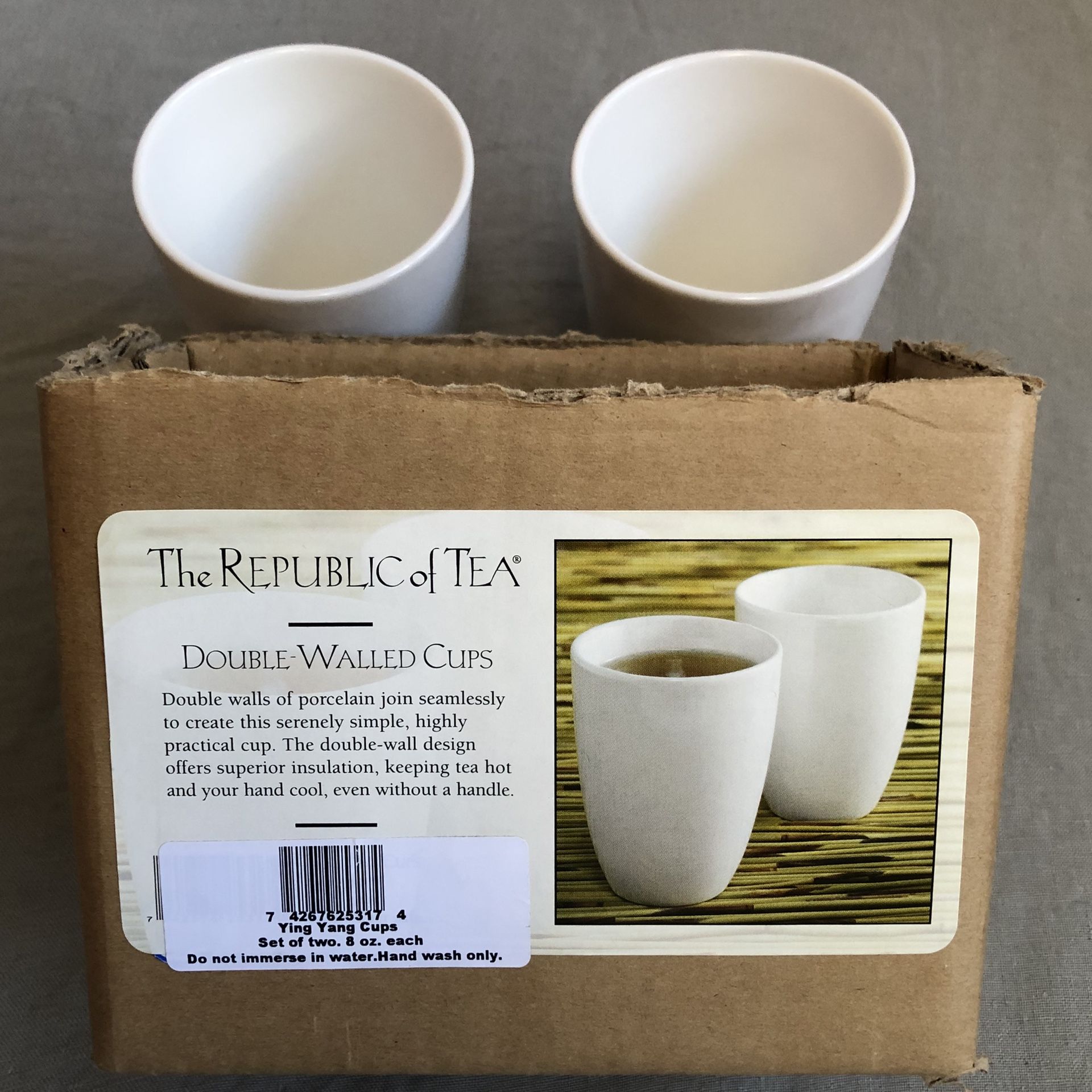 NEW*ππ» The Republic Of Tea 2x Double Walled Porcelain Cups White 8 Oz Ying Yang Modern (Silver Lake)
