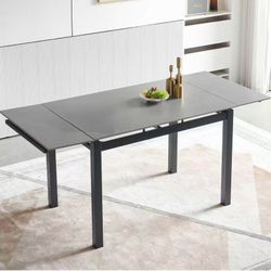 Extendable Dining Table, Modern Ceramic Dining Room Table for 4-8, Rectangular Marble Dining Kitchen Table for Small Space, Dining Room, Grey/black