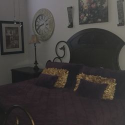 King bedroom set with a new mattress, bedding included, nightstand, dresser, headboard, footboard,  wall decorations, and lamps ,desk & velvet chair