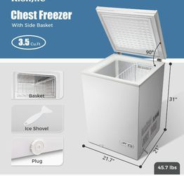 Chest Freezer Small Deep Freezer 3.5 Cu.Ft Mini Freezer White Free-Standing  Top Door Freezer Adjustable 7 Thermostat and Removable Basket Open Deep
