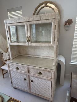 Vintage Buffet and Hutch + Bar Cabinet Rattan Palm Beach Regency White washed